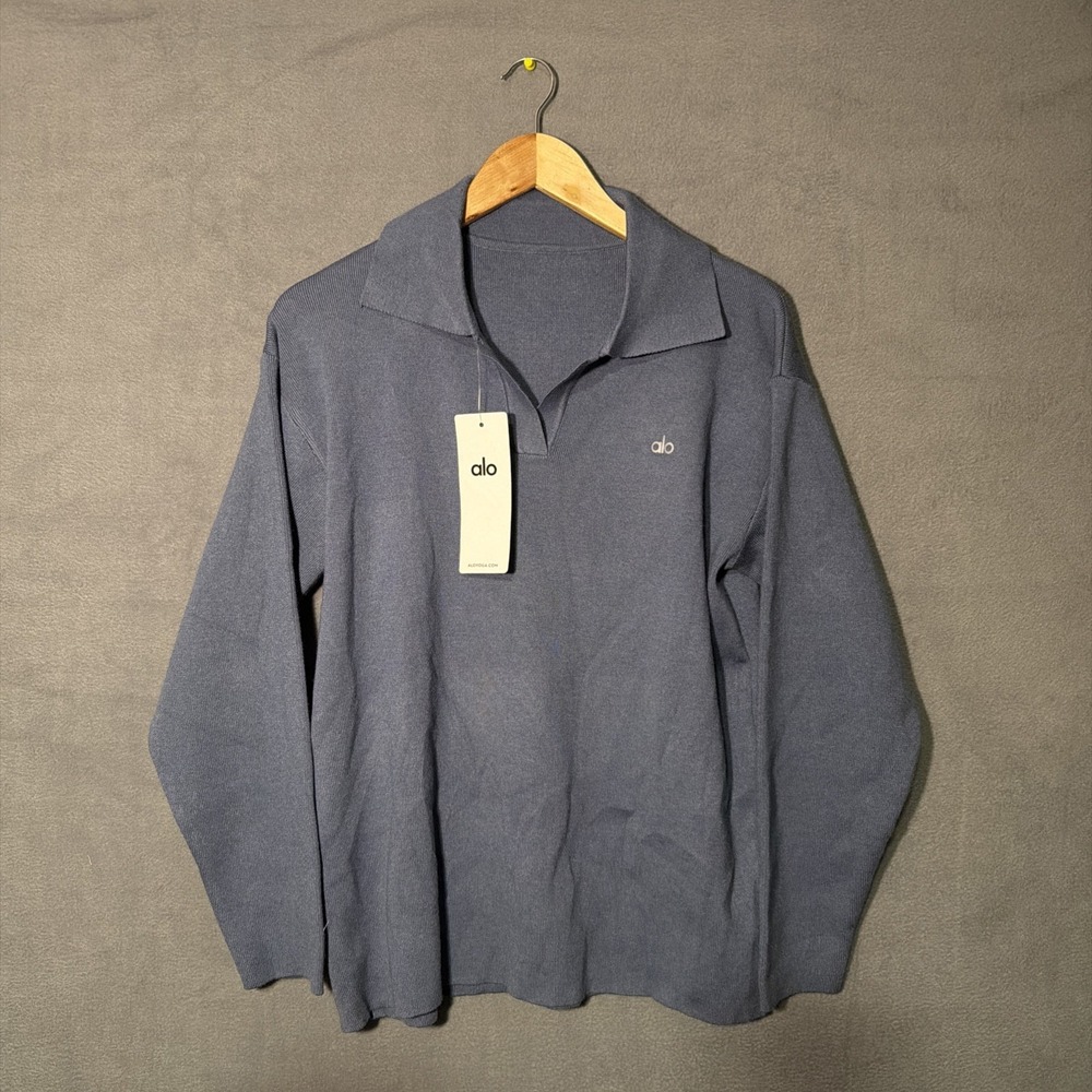 Alo Men's Mock Neck Long Sleeve Logo Activewear Top Blue Size M NWT